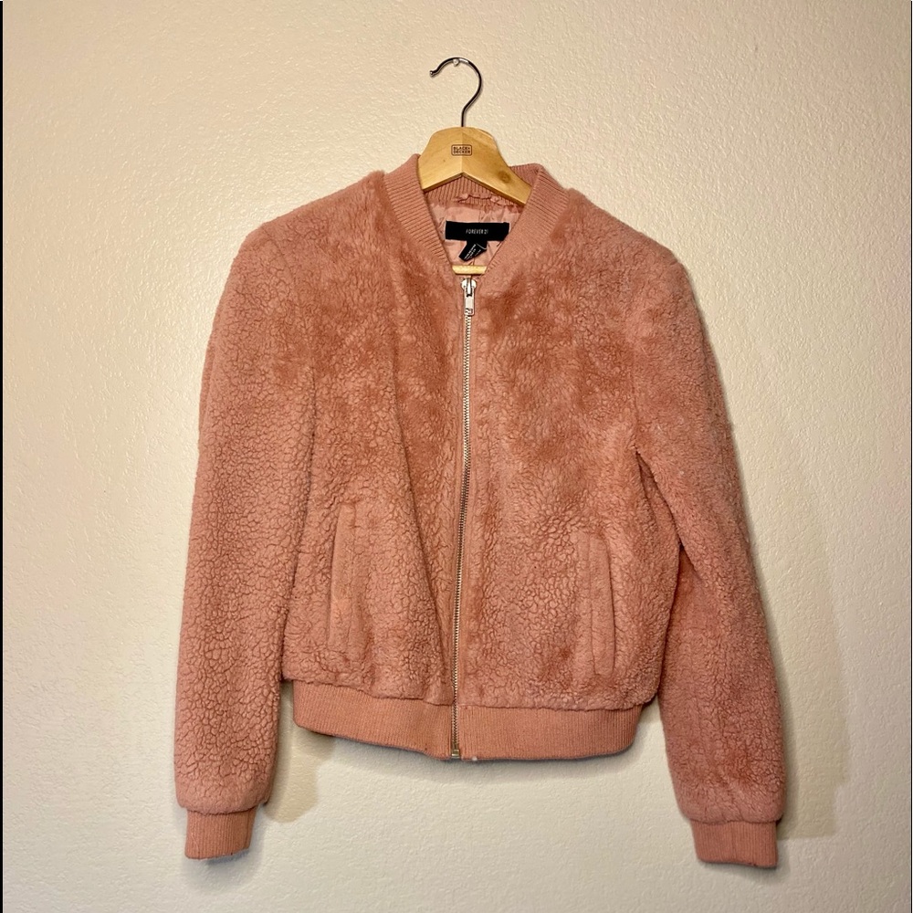 FOREVER21 Fuzzy Pink Bomber/Jersey style jacket